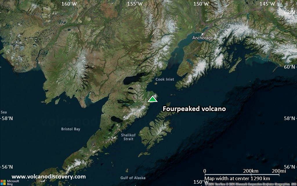 Satellite/aerial-type map of Fourpeaked volcano (region scale medium)