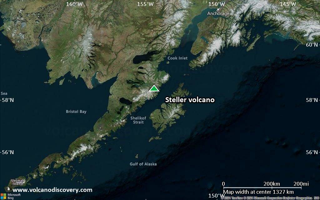 Satellite/aerial-type map of Steller volcano (region scale medium)