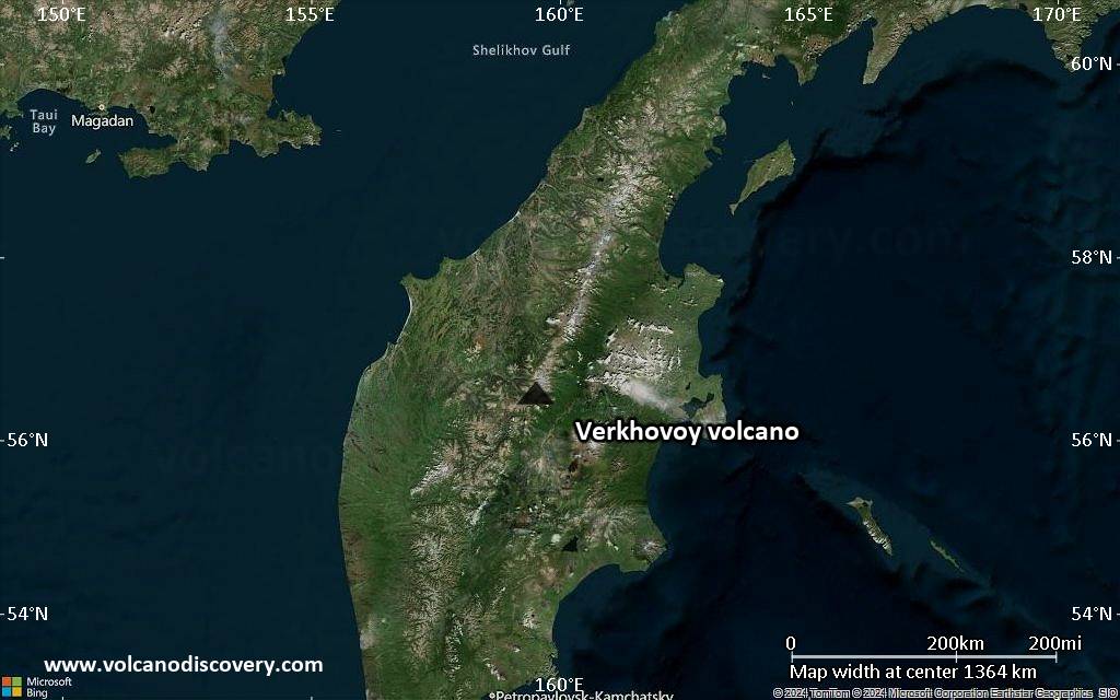 Satellite/aerial-type map of Verkhovoy volcano (region scale medium)