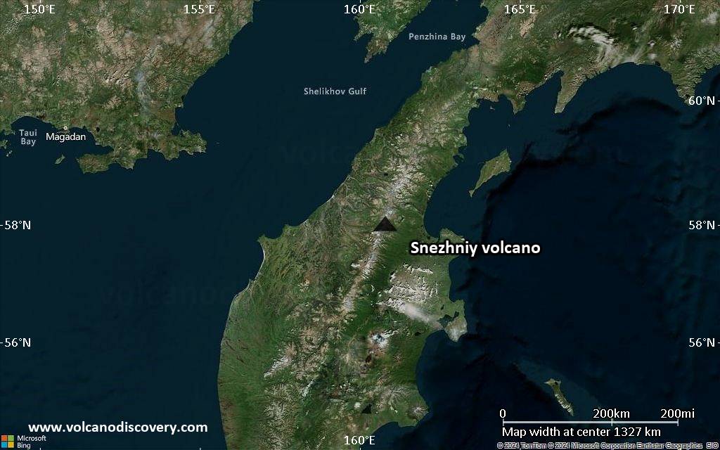 Satellite/aerial-type map of Snezhniy volcano (region scale medium)