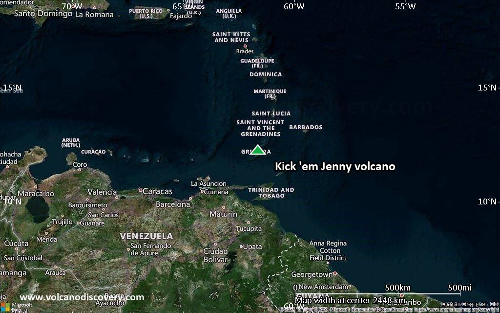 Satellite/aerial-type map of Kick 'em Jenny volcano (region scale medium)
