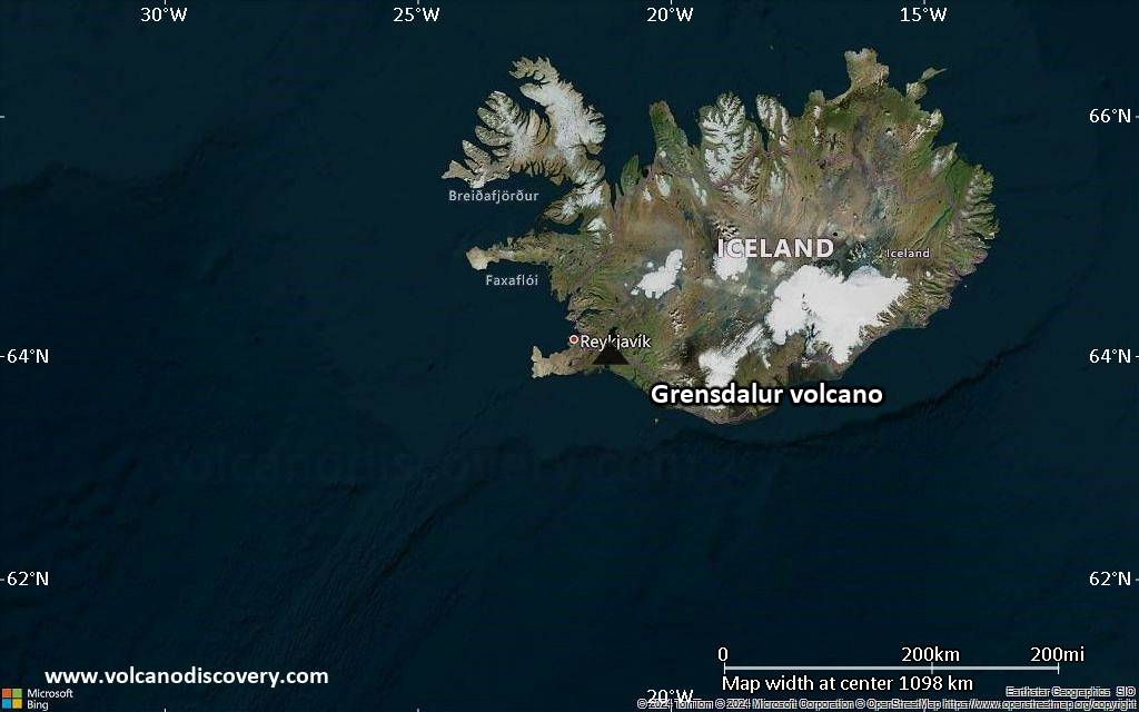 Satellite/aerial-type map of Grensdalur volcano (region scale medium)