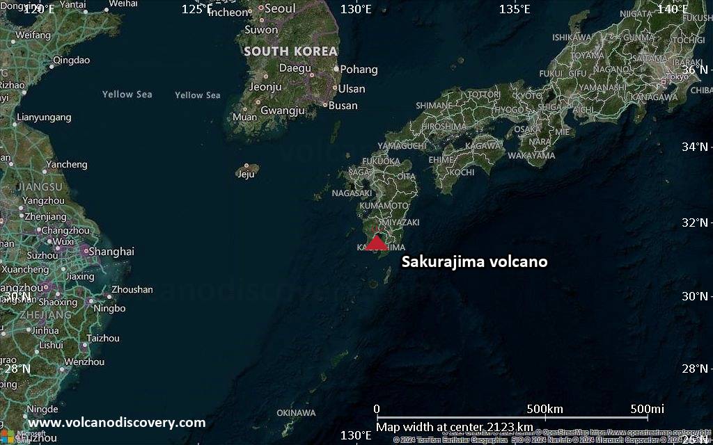 Satellite/aerial-type map of Sakurajima volcano (region scale medium)