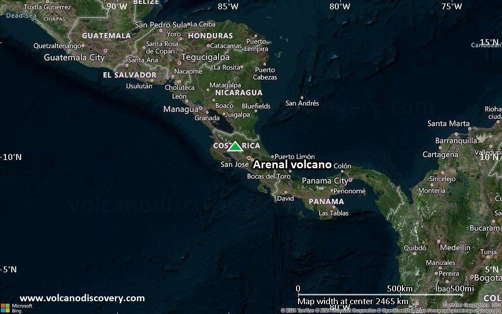 Satellite/aerial-type map of Arenal volcano (region scale medium)
