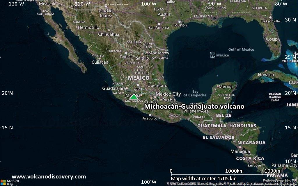 Satellite/aerial-type map of Michoacán-Guanajuato volcano (region scale large)