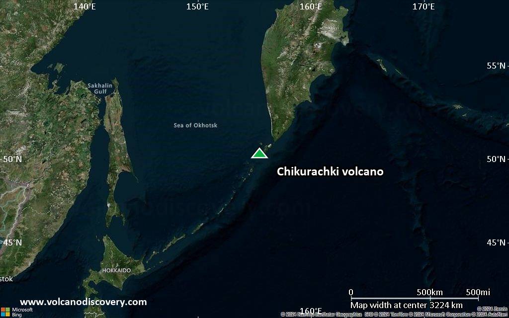 Satellite/aerial-type map of Chikurachki volcano (region scale large)