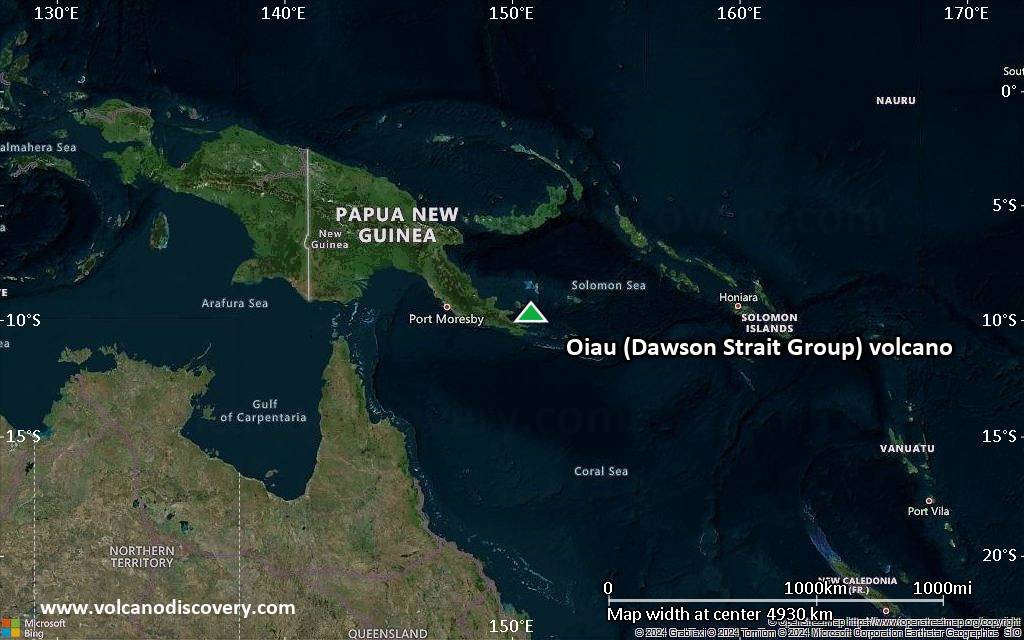 Satellite/aerial-type map of Oiau (Dawson Strait Group) volcano (region scale large)