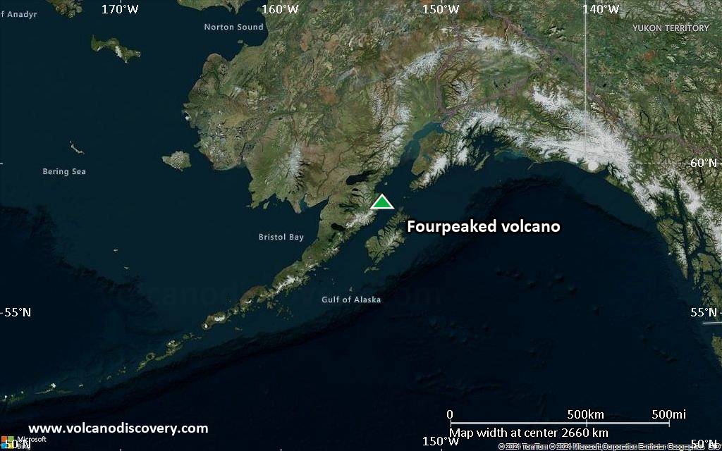 Satellite/aerial-type map of Fourpeaked volcano (region scale large)