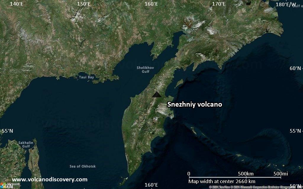 Satellite/aerial-type map of Snezhniy volcano (region scale large)