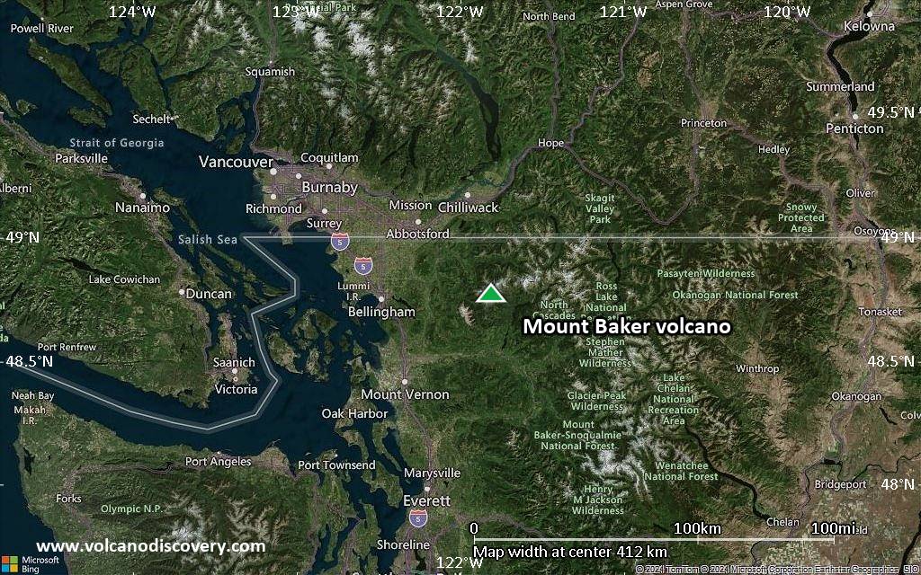 Satellite/aerial-type map of Mount Baker volcano (local scale large)
