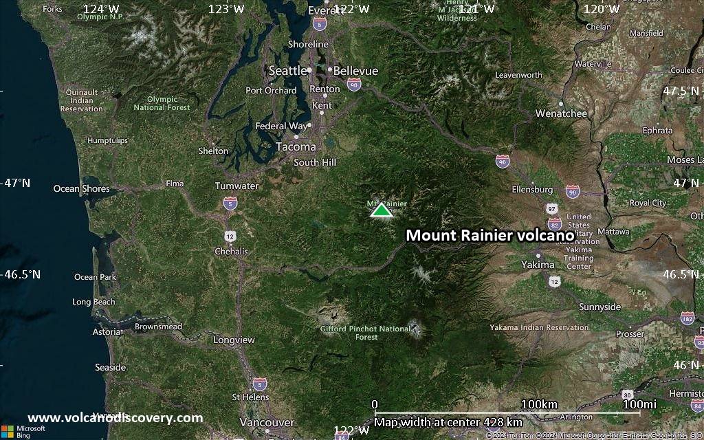 Satellite/aerial-type map of Mount Rainier volcano (local scale large)