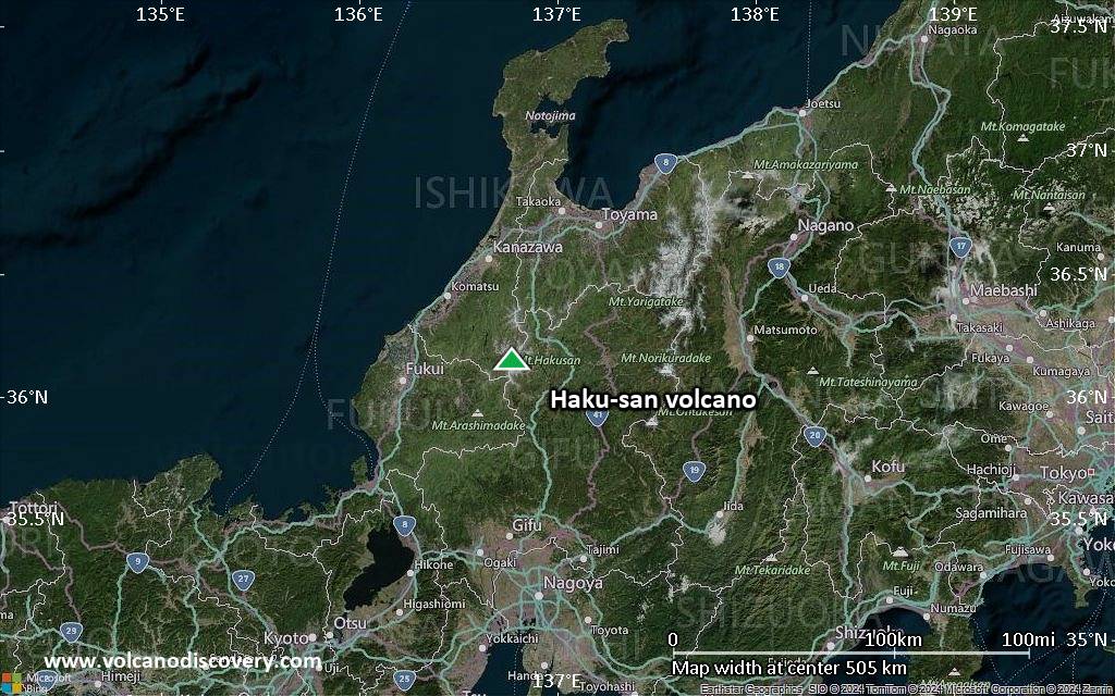Satellite/aerial-type map of Haku-san volcano (local scale large)