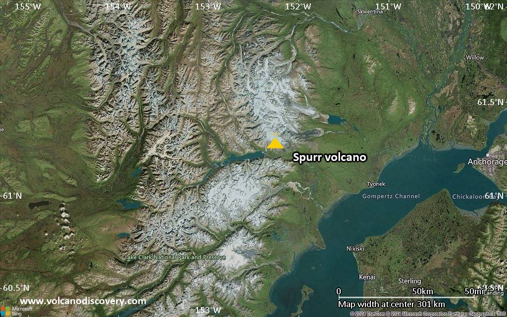 Satellite/aerial-type map of Spurr volcano (local scale large)
