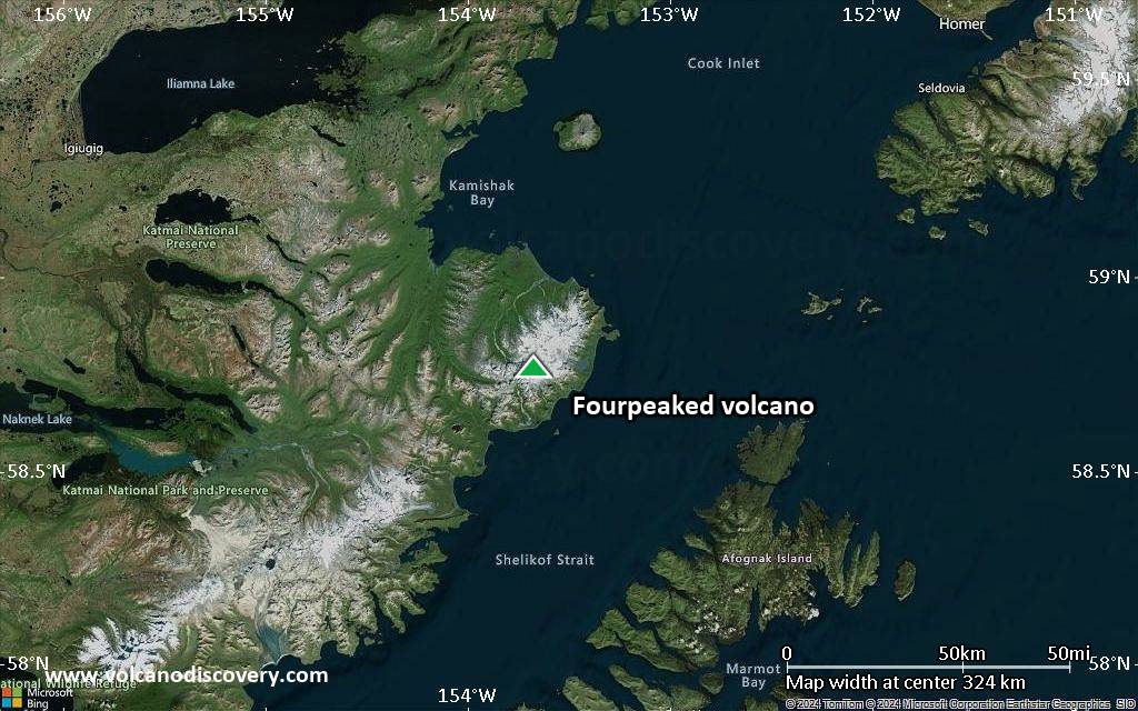 Satellite/aerial-type map of Fourpeaked volcano (local scale large)