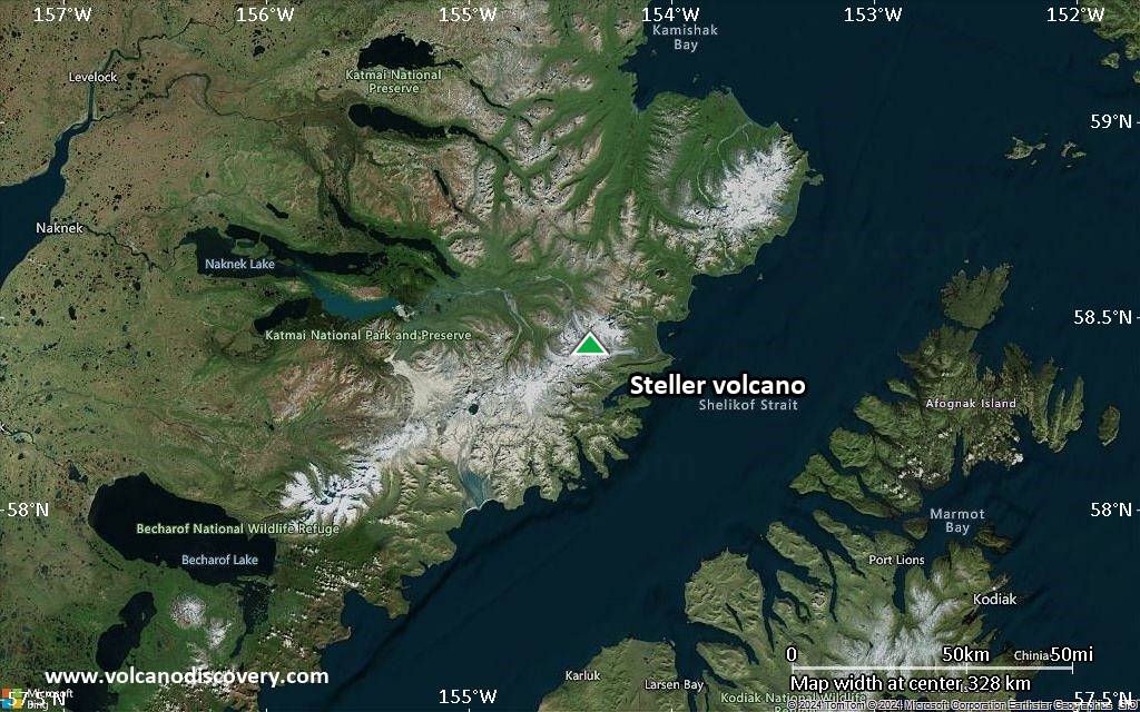 Satellite/aerial-type map of Steller volcano (local scale large)