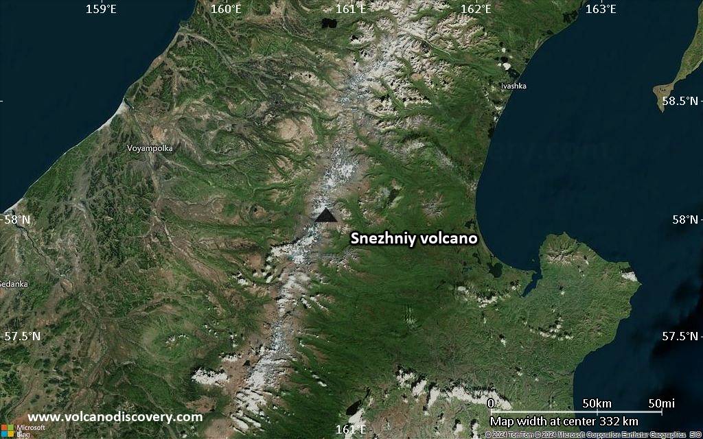 Satellite/aerial-type map of Snezhniy volcano (local scale large)