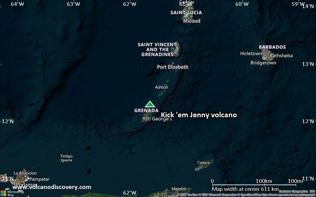 Satellite/aerial-type map of Kick 'em Jenny volcano (local scale large)