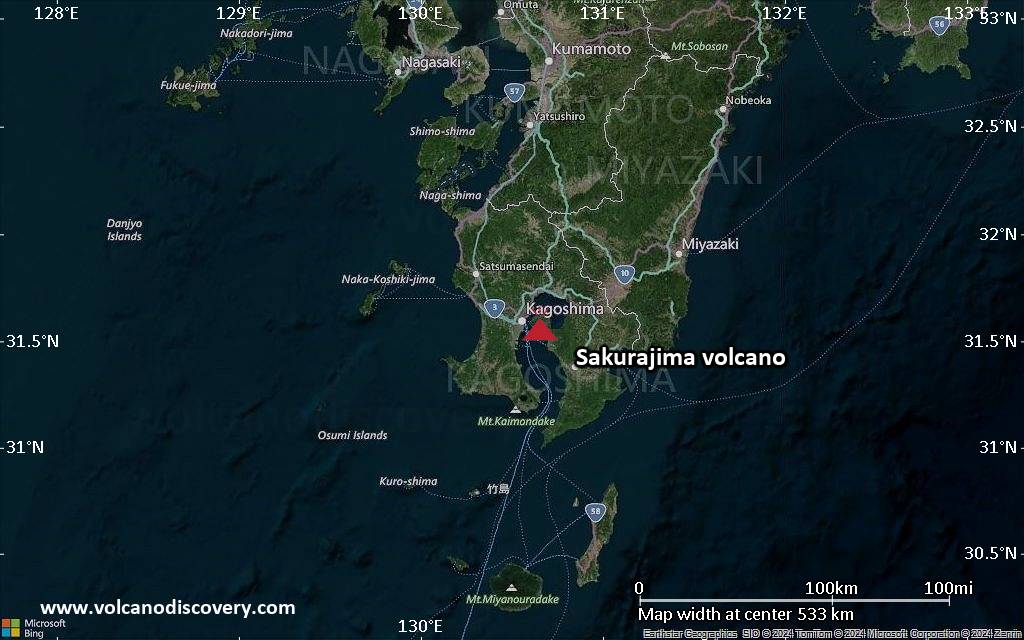 Satellite/aerial-type map of Sakurajima volcano (local scale large)