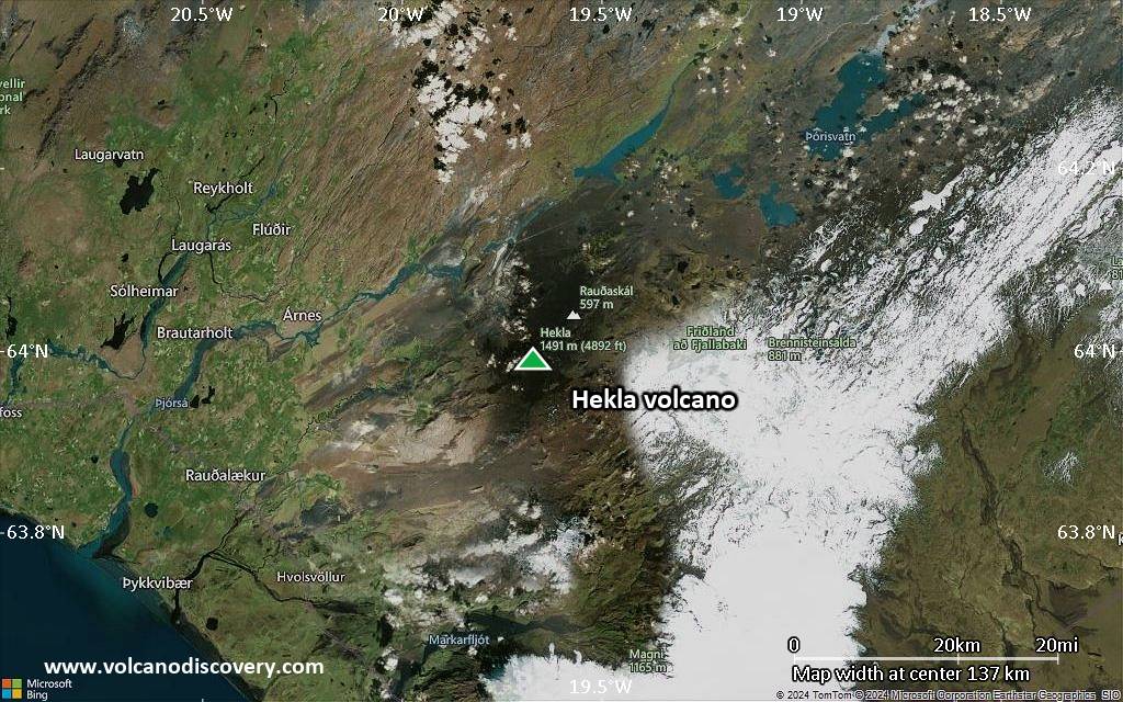 Satellite/aerial-type map of Hekla volcano (local scale medium)