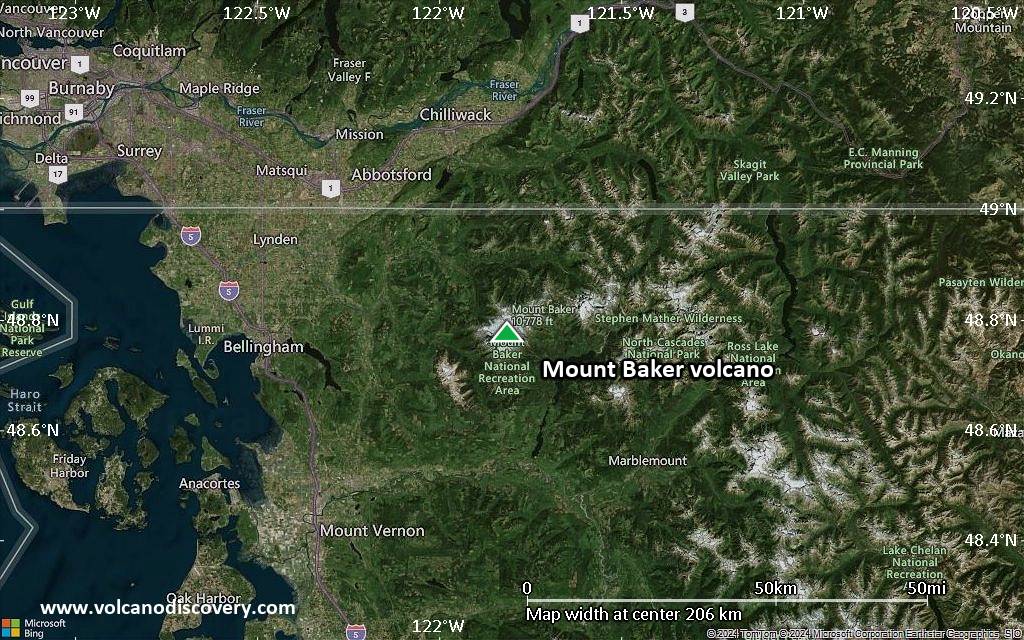 Satellite/aerial-type map of Mount Baker volcano (local scale medium)