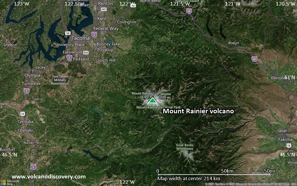 Satellite/aerial-type map of Mount Rainier volcano (local scale medium)