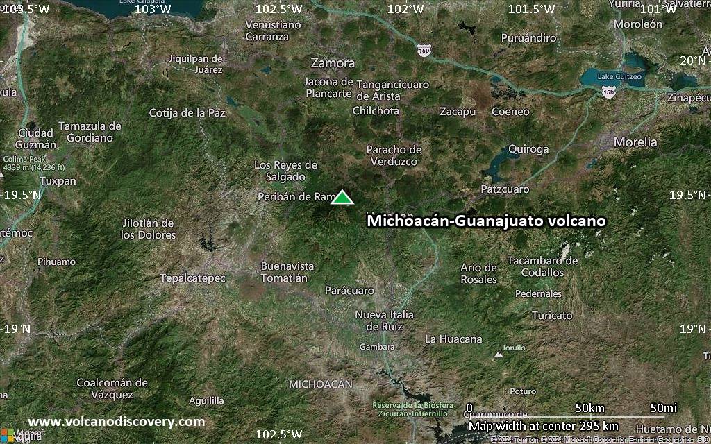 Satellite/aerial-type map of Michoacán-Guanajuato volcano (local scale medium)