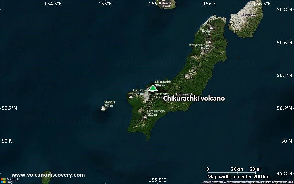 Satellite/aerial-type map of Chikurachki volcano (local scale medium)