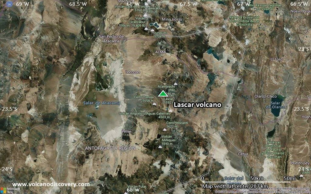 Satellite/aerial-type map of Lascar volcano (local scale medium)