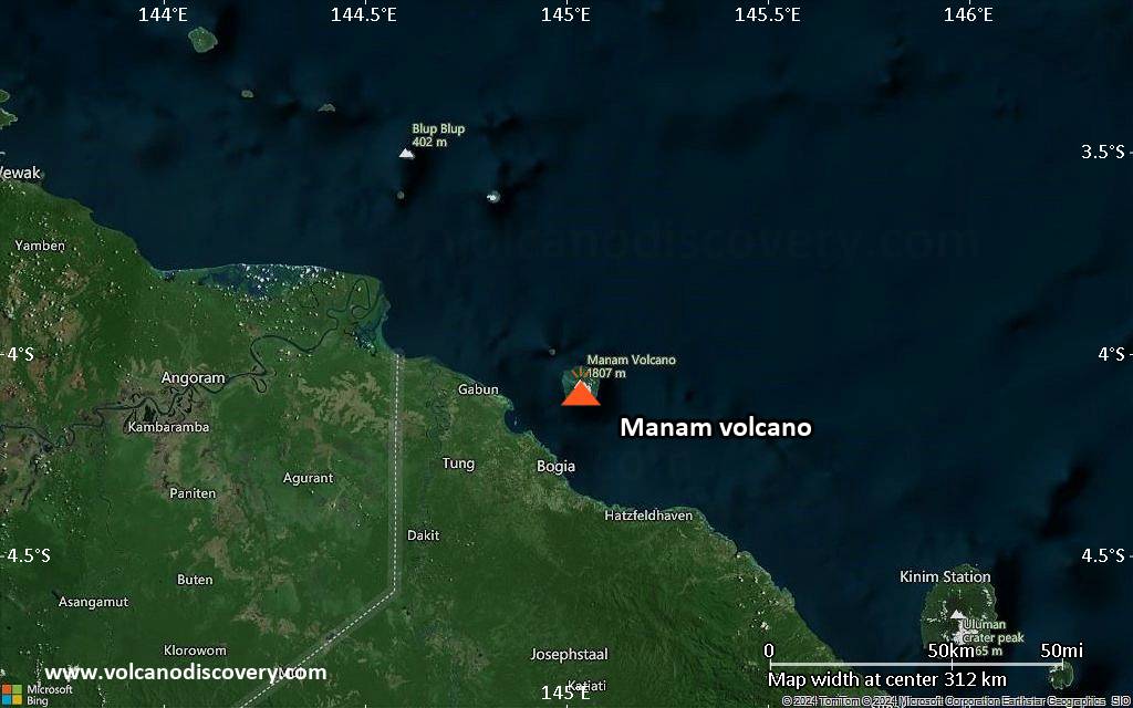 Satellite/aerial-type map of Manam volcano (local scale medium)