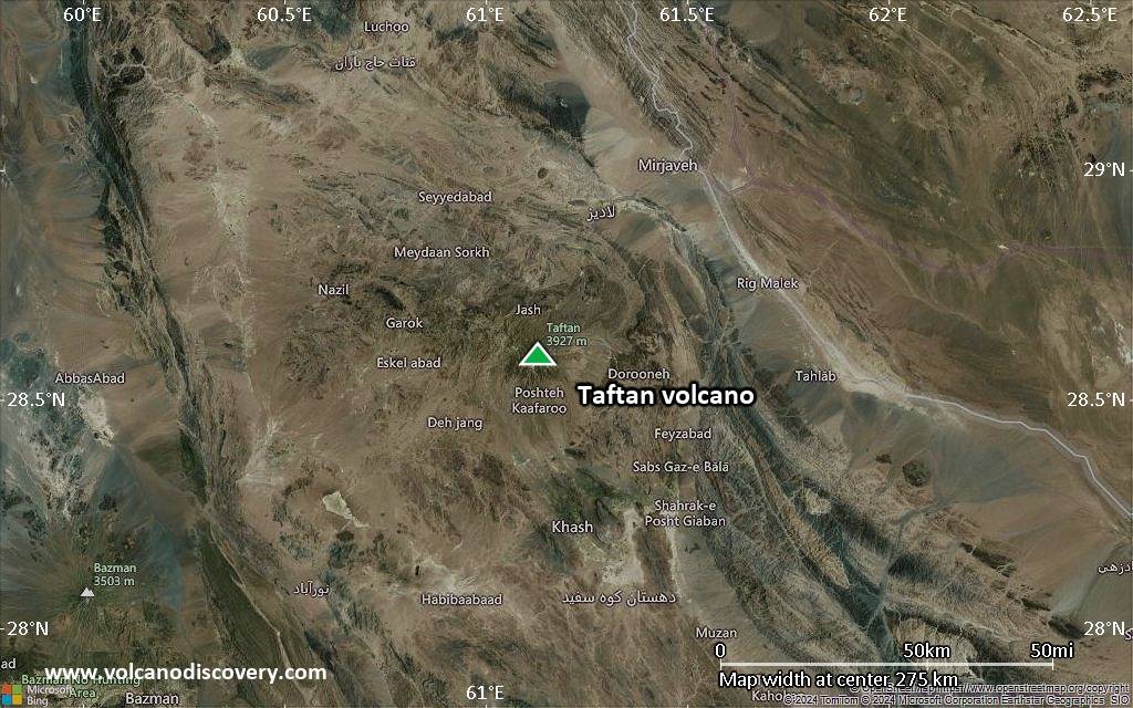 Satellite/aerial-type map of Taftan volcano (local scale medium)