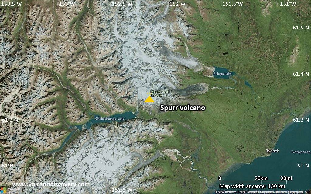 Satellite/aerial-type map of Spurr volcano (local scale medium)