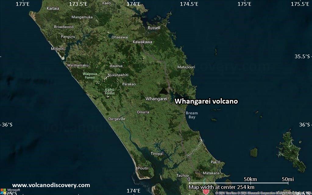 Satellite/aerial-type map of Whangarei volcano (local scale medium)