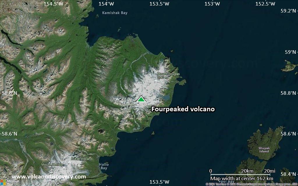Satellite/aerial-type map of Fourpeaked volcano (local scale medium)