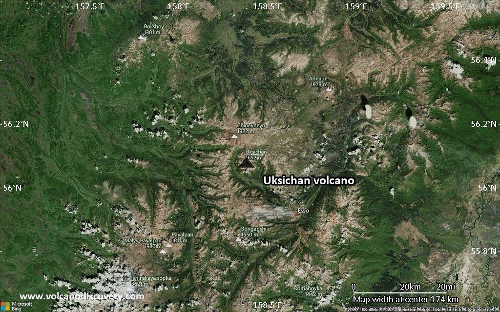 Satellite/aerial-type map of Uksichan volcano (local scale medium)