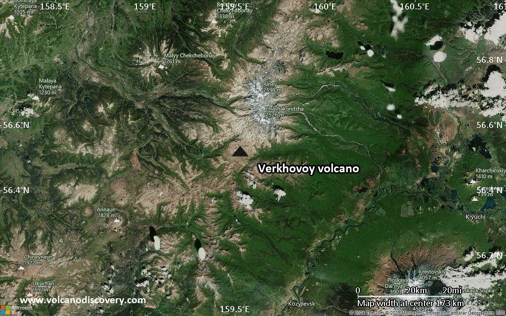 Satellite/aerial-type map of Verkhovoy volcano (local scale medium)