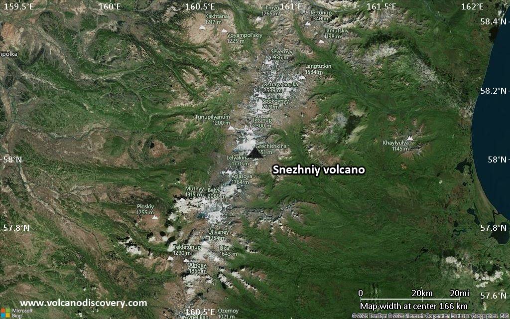 Satellite/aerial-type map of Snezhniy volcano (local scale medium)