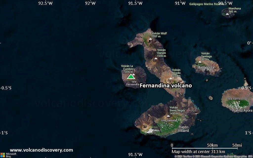 Satellite/aerial-type map of Fernandina volcano (local scale medium)