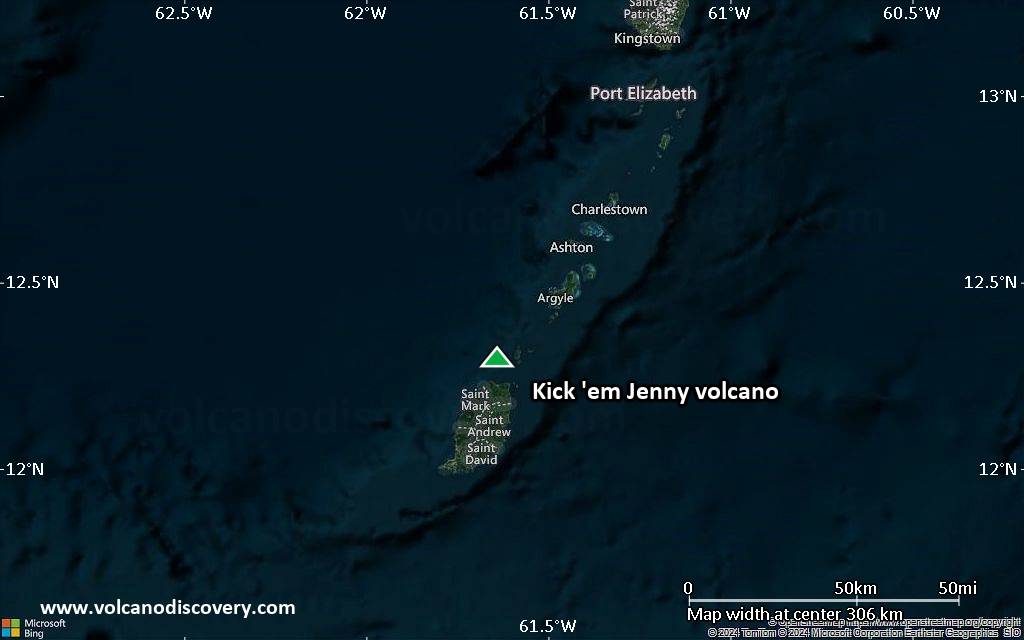 Satellite/aerial-type map of Kick 'em Jenny volcano (local scale medium)
