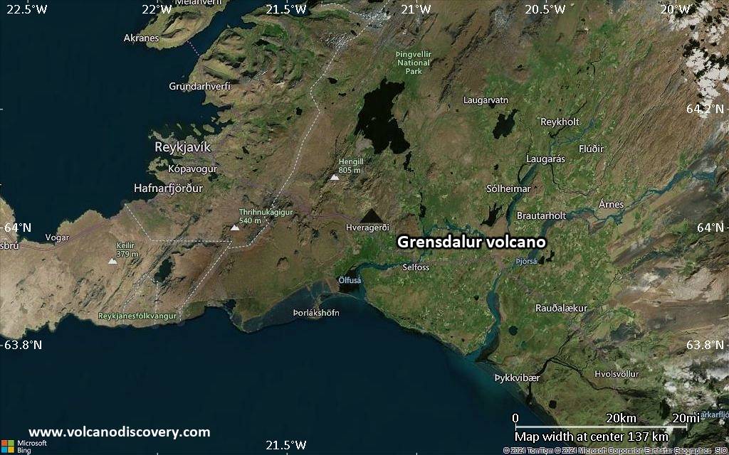 Satellite/aerial-type map of Grensdalur volcano (local scale medium)