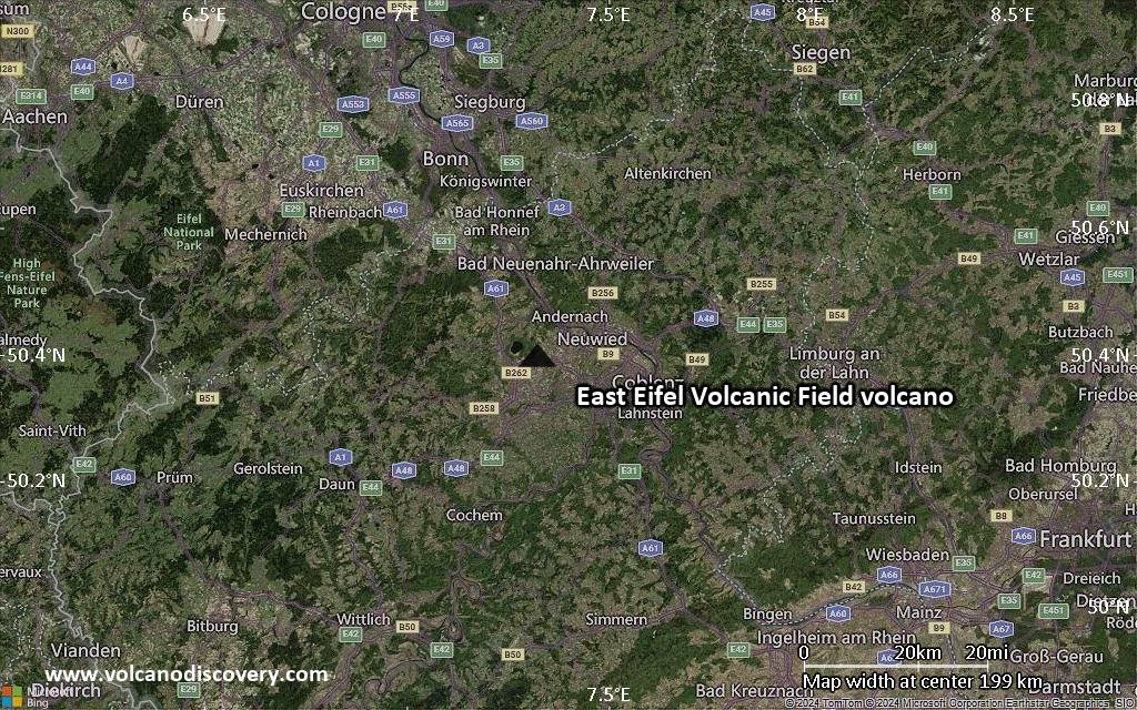 Satellite/aerial-type map of East Eifel Volcanic Field volcano (local scale medium)