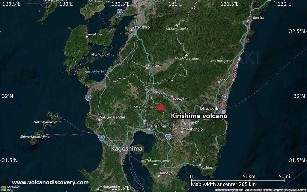 Satellite/aerial-type map of Kirishima volcano (local scale medium)