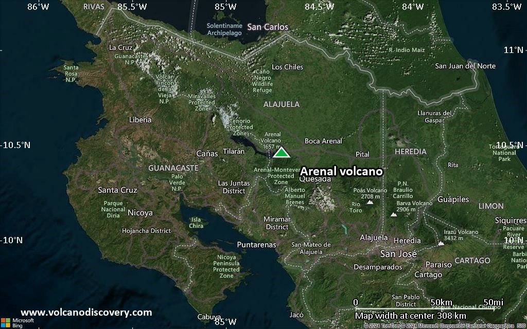 Satellite/aerial-type map of Arenal volcano (local scale medium)
