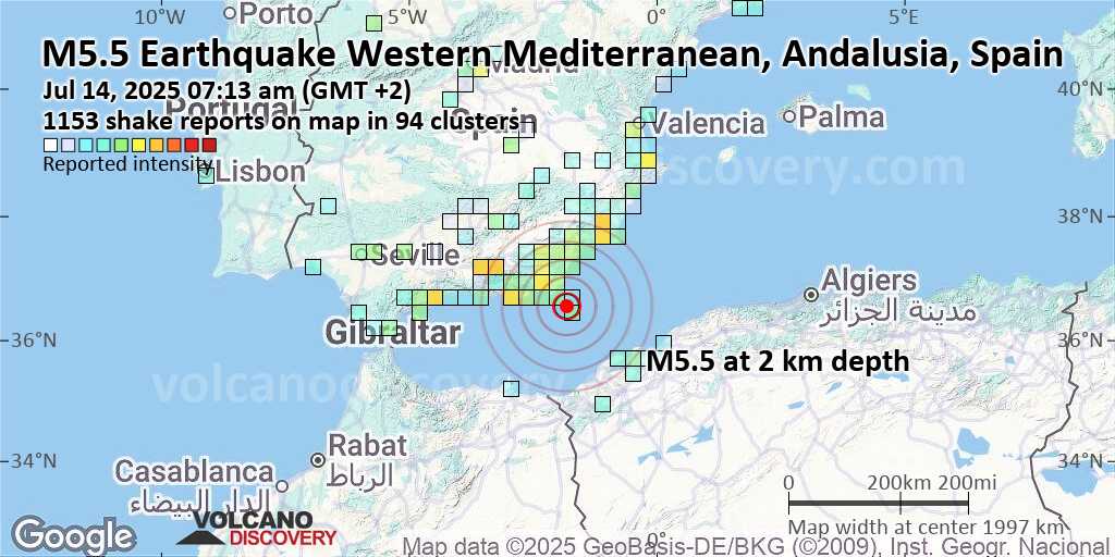 Fuerte terremoto magnitud 5.3 - Western Mediterranean, 65 km al sureste de Almería, España, lunes 14 jul 2025 a las 07:13 (GMT +2)