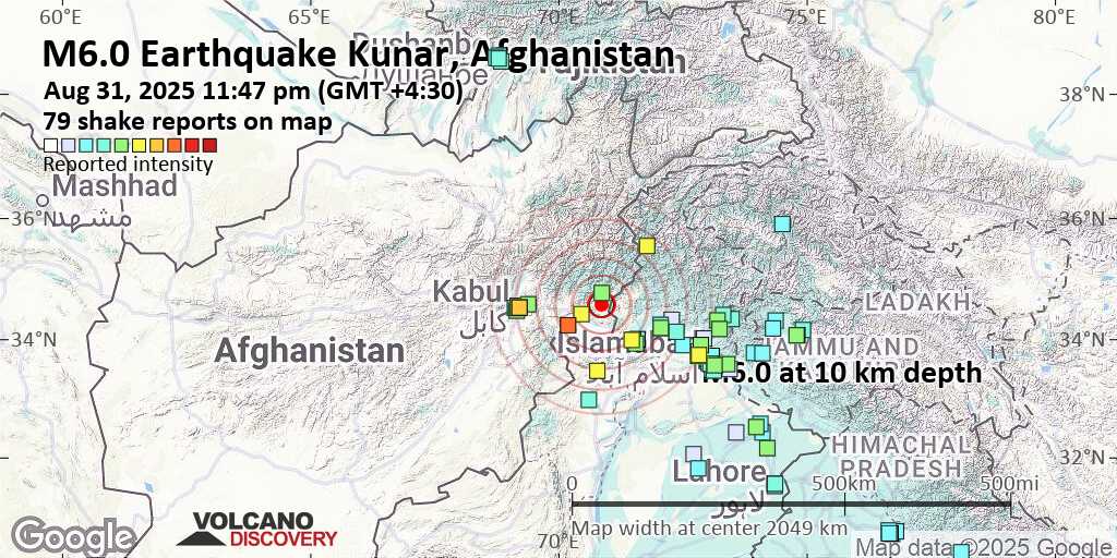 Very strong mag. 6.0 earthquake - Nangarhar, 55 km southwest of Asadabad, Kunar, Afghanistan, on Sunday, Aug 31, 2025, at 11:47 pm (GMT +4:30) -