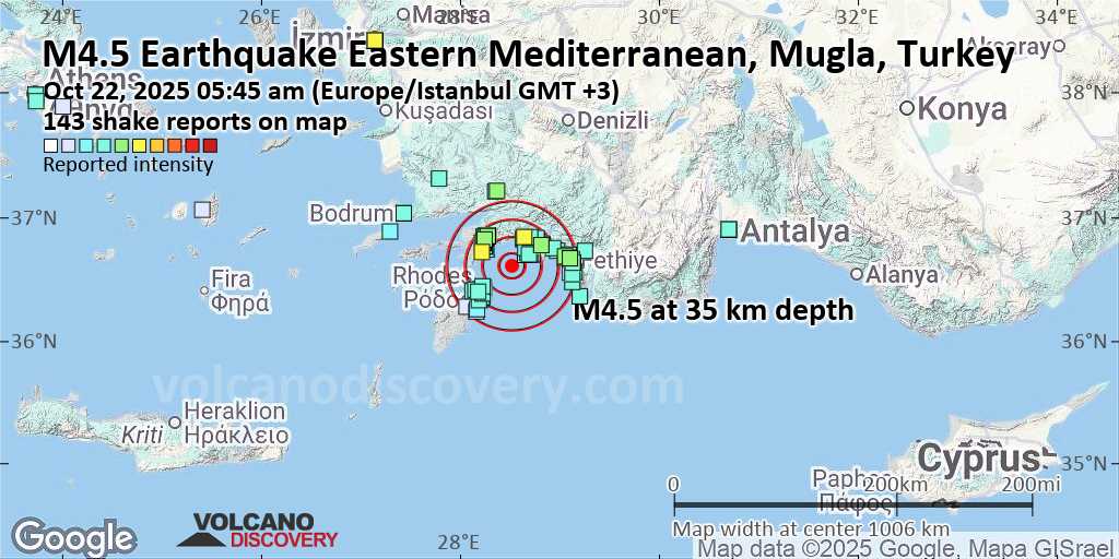 Moderate mag. 4.5 earthquake – Turkey: Akdeniz – [20.10 Km] Ortaca (Muğla) on Wednesday, Oct 22, 2025, at 05:45 am (Istanbul time)