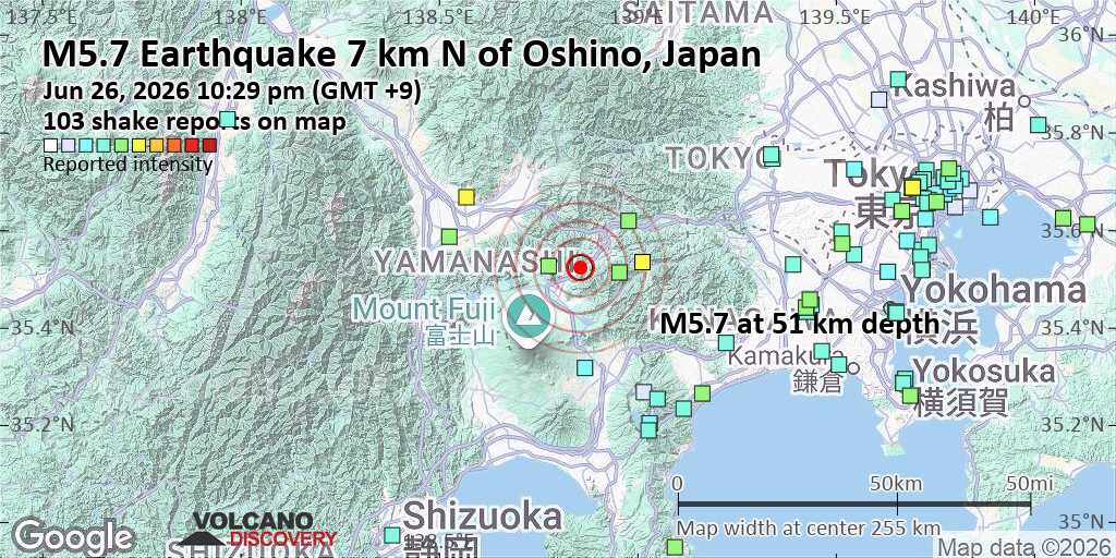 Strong Mag. 5.7 Earthquake - 7 km N of Oshino, Japan, on Friday