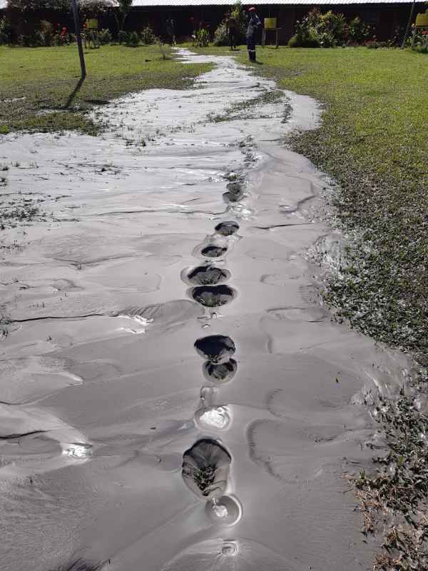 Holes on cracked ground surface with silt lying around (public domain)
