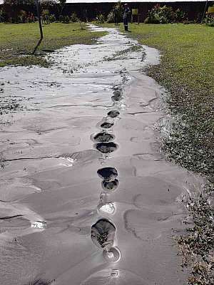 Holes on cracked ground surface with silt lying around (public domain)