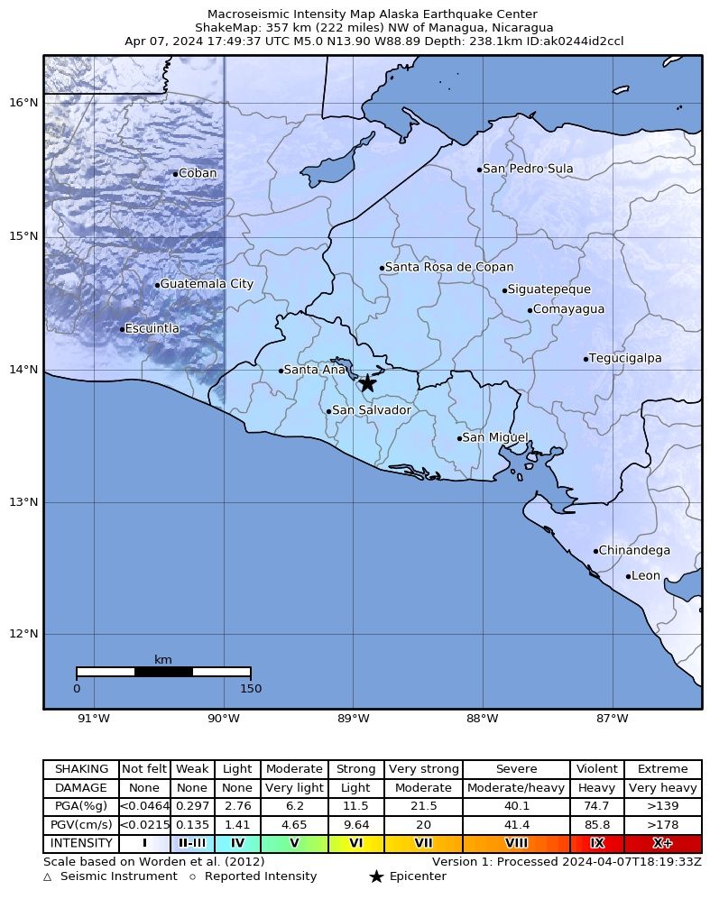 Map of estimated ground shaking (source:USGS)