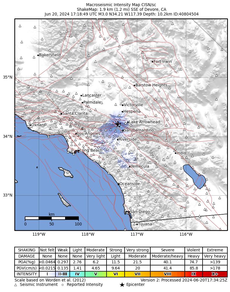 Sismo débil mag. 2.9 - 2 km SSE of Devore, CA, jueves 20 jun 2024 a las  10:18 (Hora Los Angeles)